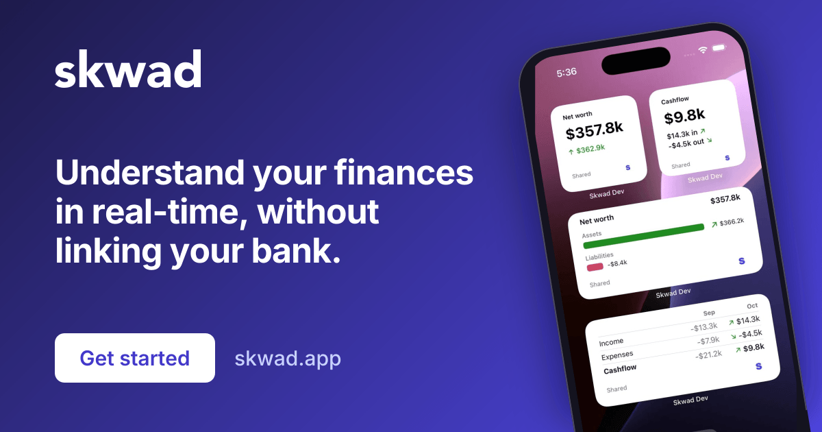 Screenshot of Skwad, Budgeting that syncs from bank email alerts, not your bank login